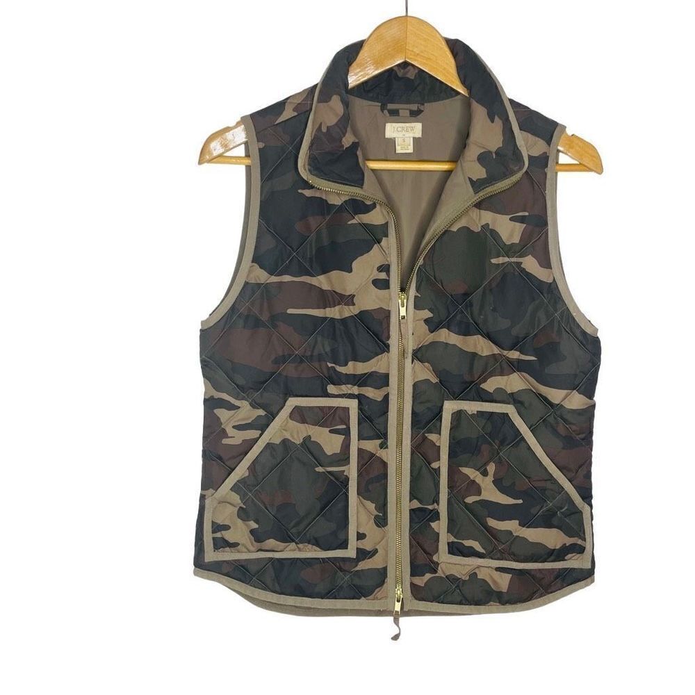 J Crew Puffer Vest‎ Camo Camouflage Print Double Zip Quilted Blogger Favorite S